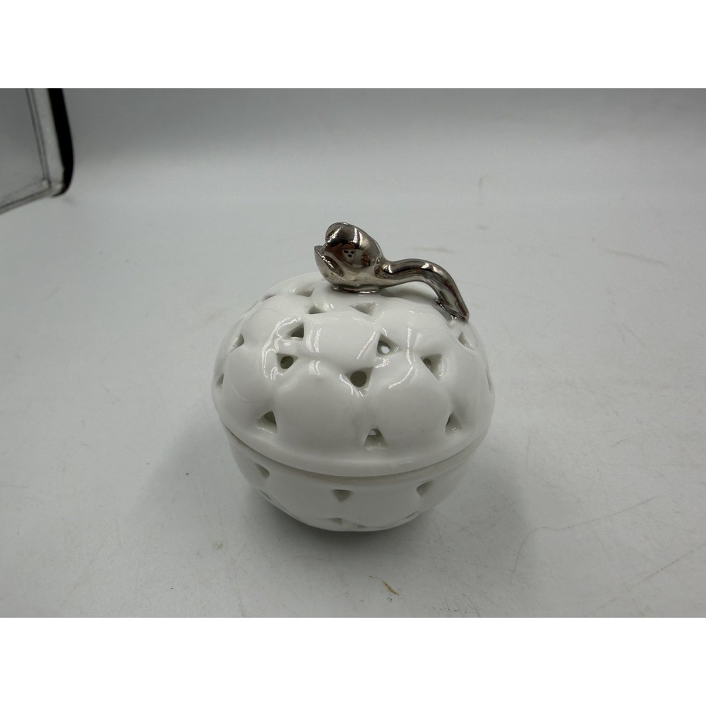 Vintage White Porcelain Covered Trinket Dish Applied Flowers W/ Silver Rose